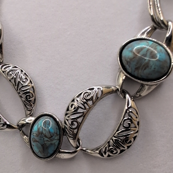 Chunky Silver Necklace with Blue Stones and Textured Links - Picture 2 of 5